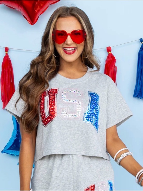 QUEEN OF SPARKLES Tops - QUEEN OF SPARKLES Gray Crop Tee with Red, White & Blue Sequin USA